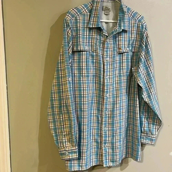 [LT]Bob Timberlake Mens Fishing Shirt Long  Sleeve Vented Blue Plaid - Picture 1 of 12